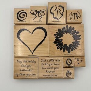 Stampin Up Sketch It 2001 Wood Rubber Stamp Set Heart Floral Sentiments 11pc